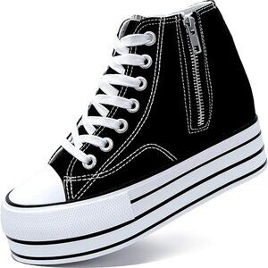 Women Platform Height Boost Canvas Sneakers 4" Lift Black Trendy Statement Shoes
